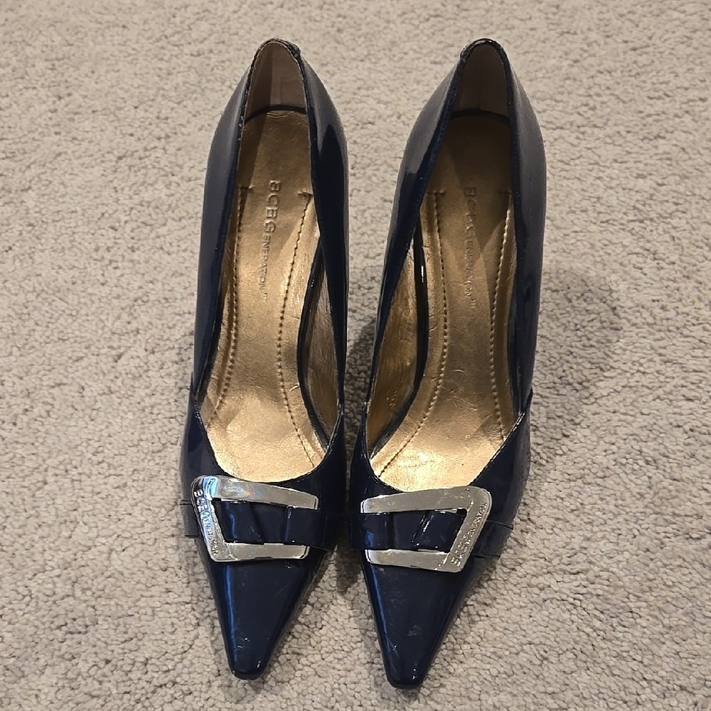 BCBGeneration Navy Blue Heels with Silver Buckle